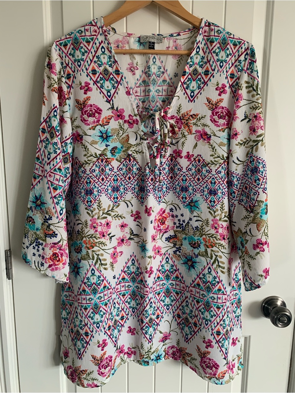White Floral & Geometric Tie-Neck cover up xl floral bohemian cruise beach